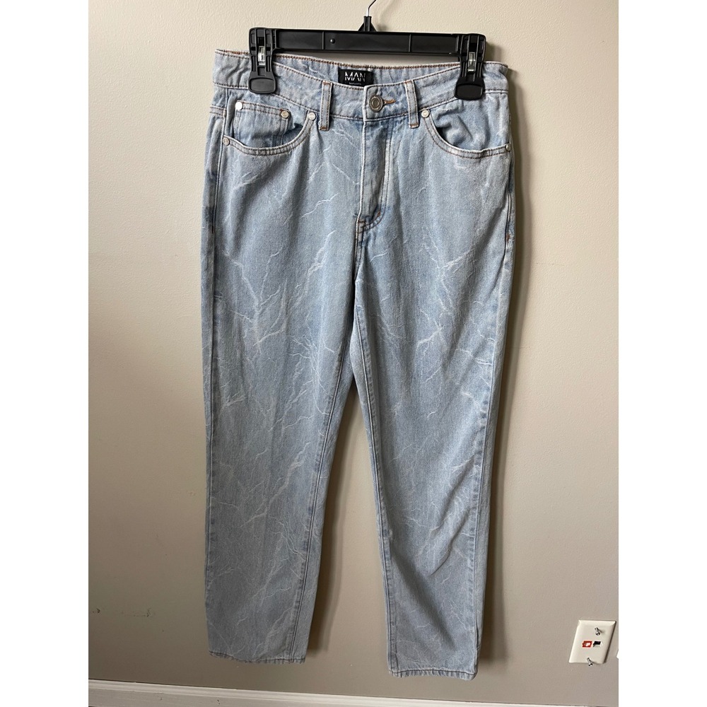 boohooMAN Light Wash Blue Lightning Print Straight Leg Denim Jeans minimalist